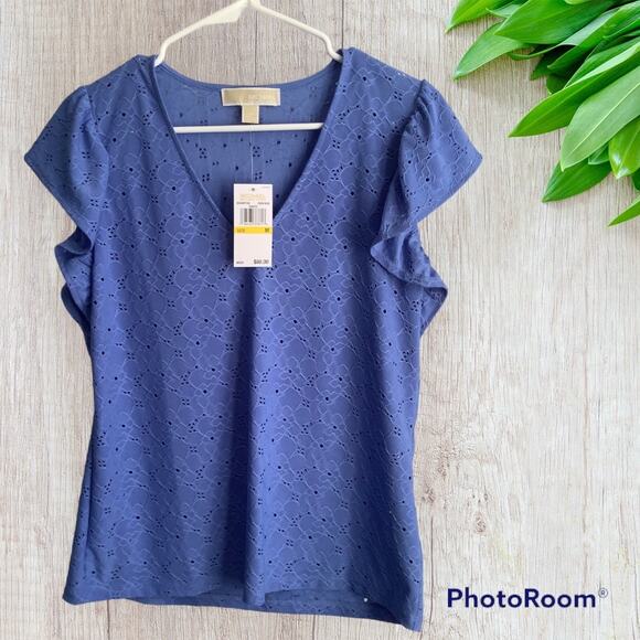 NWT! MICHAEL by Michael Kors Eyelet Short Sleeve Top Size Medium in Crew Blue - Picture 1 of 4